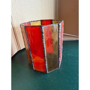 Vintage Stained Glass Octagon Candle Holder Orange Amber Slag Glass Planter
